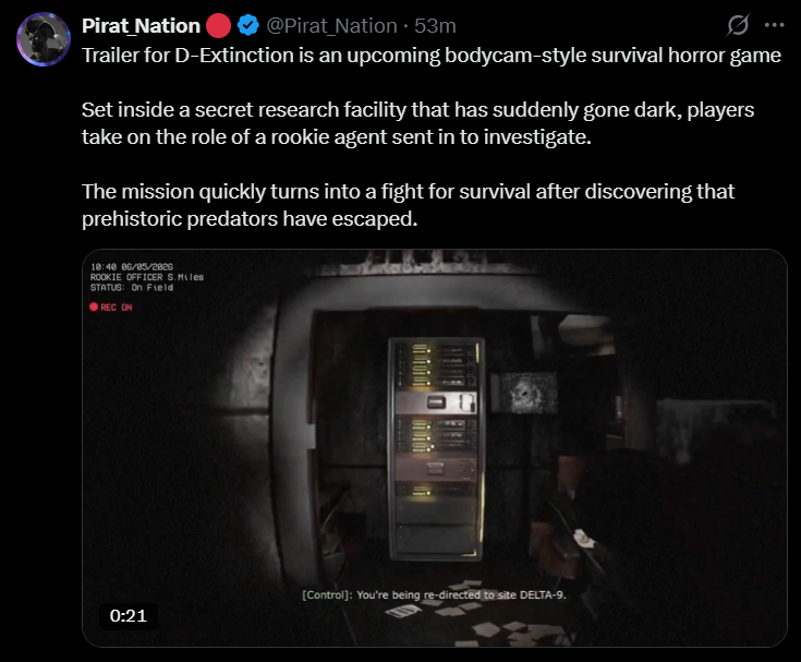 A social media post from Pirat_Nation showcasing the trailer for D-Extinction. The game is set in a dark, secret research facility where players control Rookie Officer S. Miles. The image displays the game's realistic bodycam aesthetic, showing a server room interface with a "REC" status indicator and the subtitle: "[Control]: You're being re-directed to site DELTA-9."