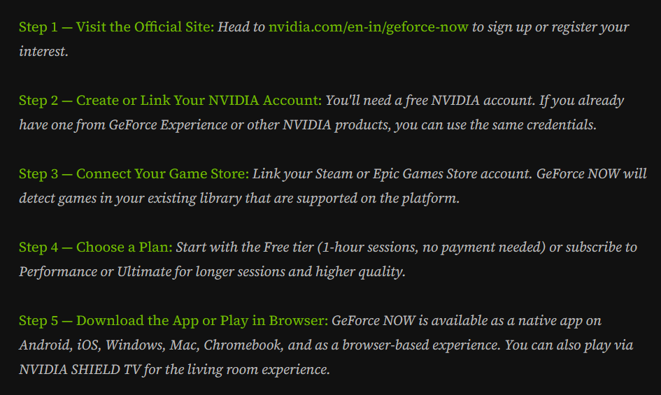 A text-based guide outlining five steps to start cloud gaming in India: visiting the official site, linking an NVIDIA account, connecting game stores (Steam/Epic), choosing a subscription plan, and downloading the app.