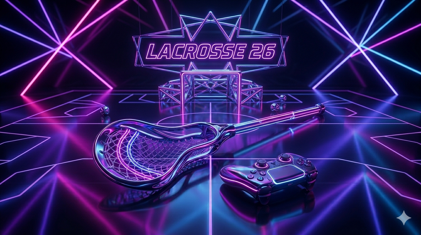 A futuristic, neon-styled 16:9 conceptual image featuring a glowing lacrosse stick and a gaming controller on a digital field, representing the modern esports potential of Lacrosse 26.