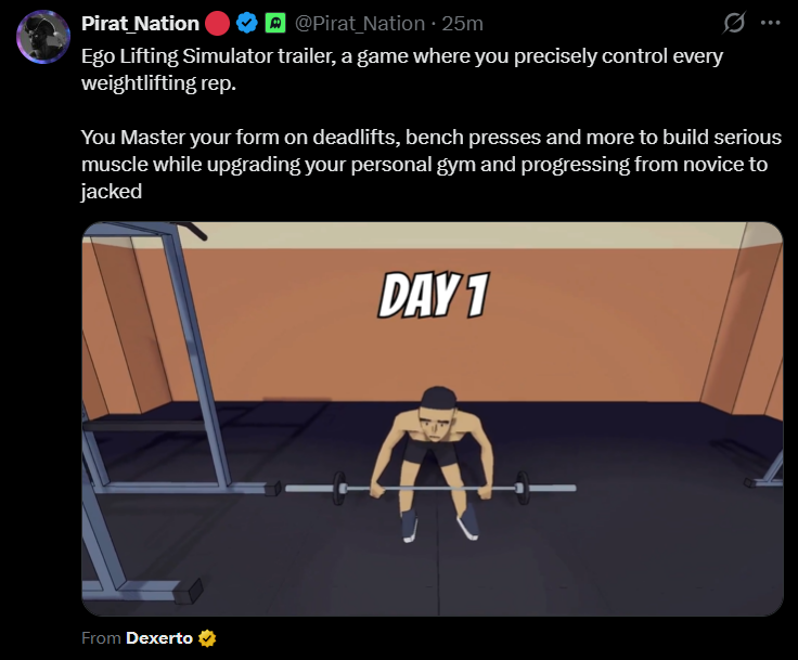 A screenshot of a trending post from Pirat_Nation featuring the official trailer for Ego Lifting Simulator.