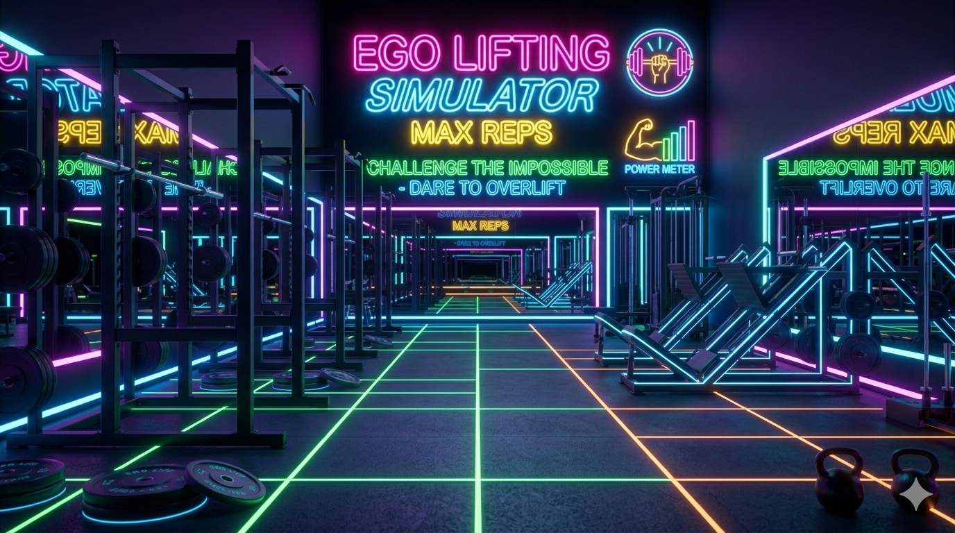 A vibrant, neon-infused gym environment showcasing the potential end-game customization in Ego Lifting Simulator.