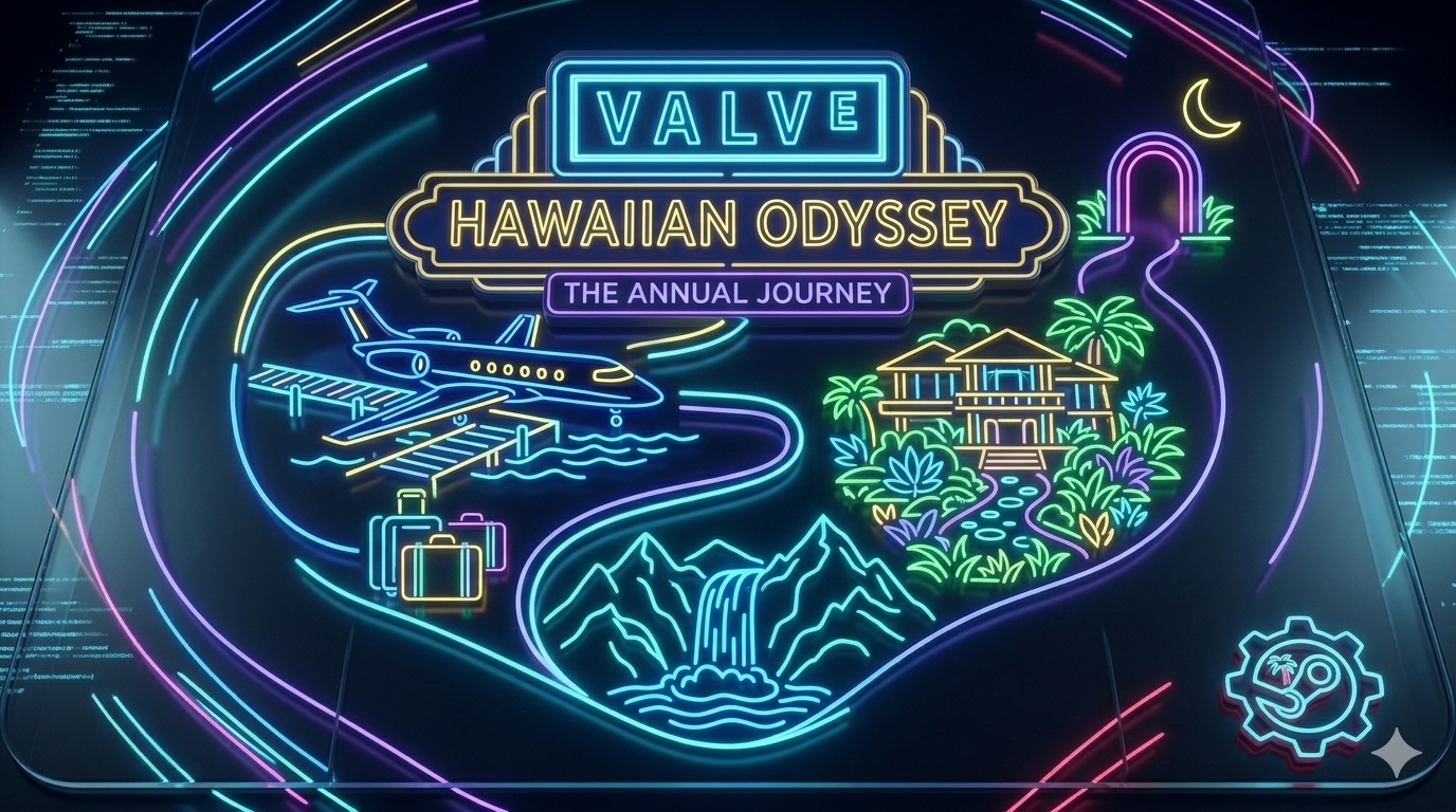 A vibrant neon-style digital illustration titled "Valve Hawaiian Odyssey: The Annual Journey."