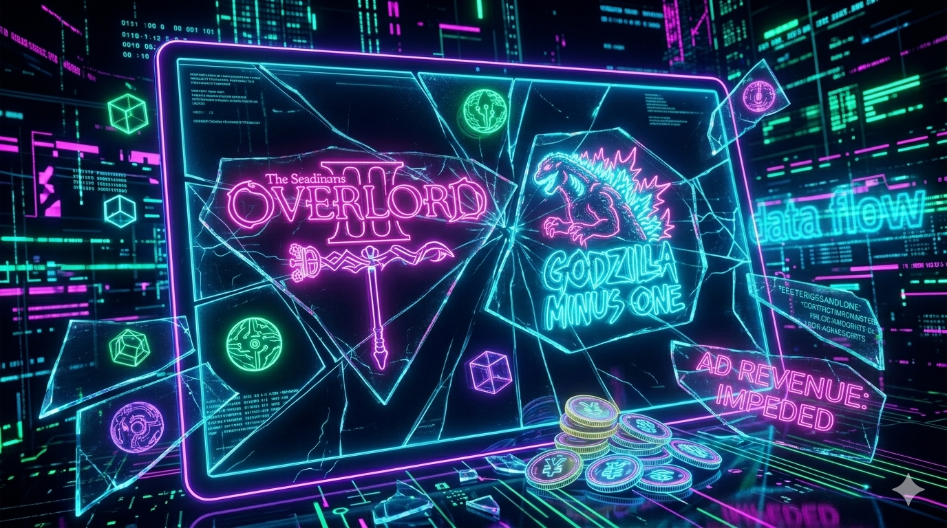 A 16:9 neon-style digital illustration representing a copyright infringement case in Tokyo. The image features glowing outlines of a gavel, Japanese yen coins, and broken digital glass, with stylized text referencing Overlord III and Godzilla Minus One.