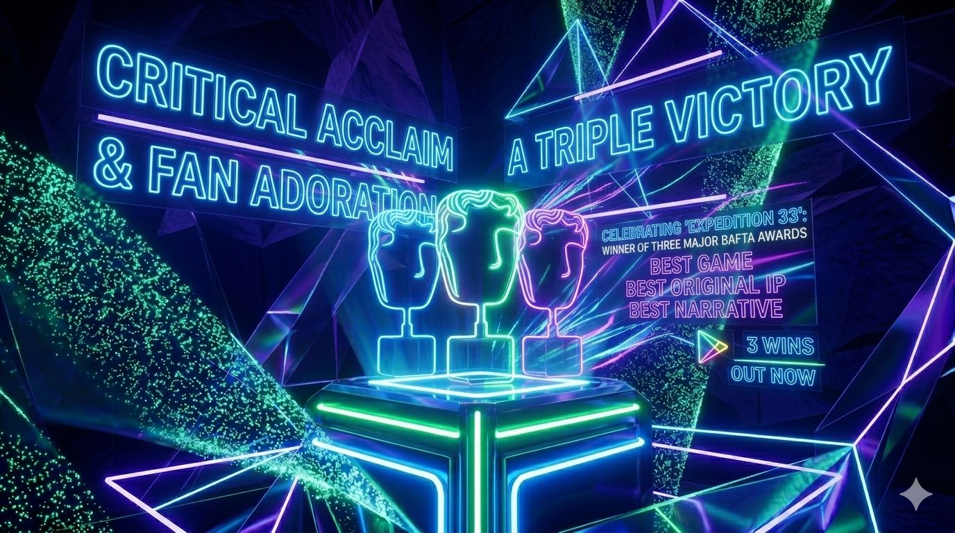 A vibrant, neon-styled 3D graphic celebrating the triple victory of Clair Obscur: Expedition 33 at the 2026 BAFTA Games Awards. The image features glowing neon BAFTA trophies and highlights wins for Best Game, Best Original IP, and Best Narrative against a geometric, digital background.