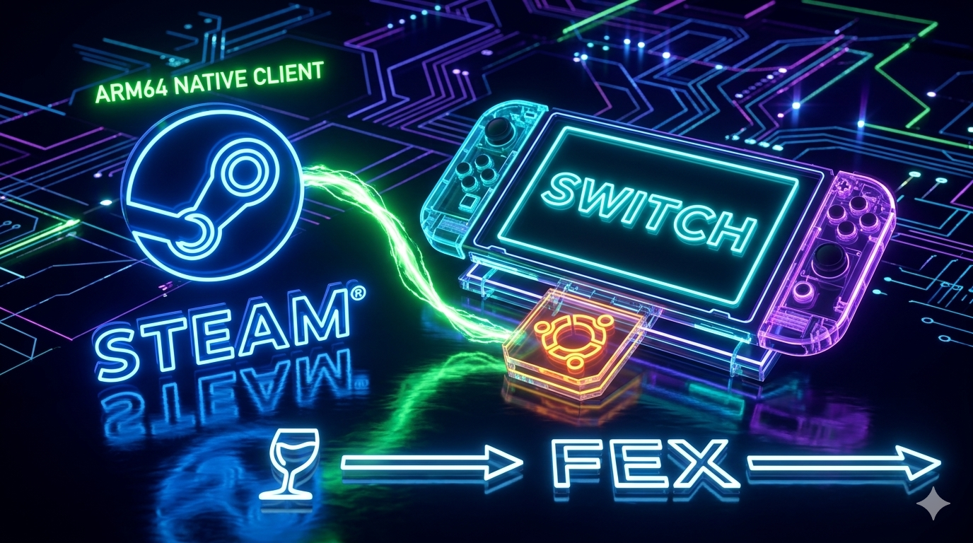 A high-tech, neon-style digital illustration conceptualizing the bridge between Steam and the Nintendo Switch. The graphic features glowing circuit board patterns, the Ubuntu and FEX logos, and a stylized Switch console, symbolizing the software translation layers required for native ARM64 gaming on handheld devices.