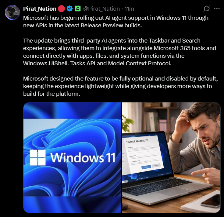 A news update from Pirat Nation on X (formerly Twitter) announcing Microsoft’s rollout of third-party AI agent support in Windows 11. The post highlights new APIs, Tasks API, and Model Context Protocol (MCP) integration for developers in the latest Release Preview builds.