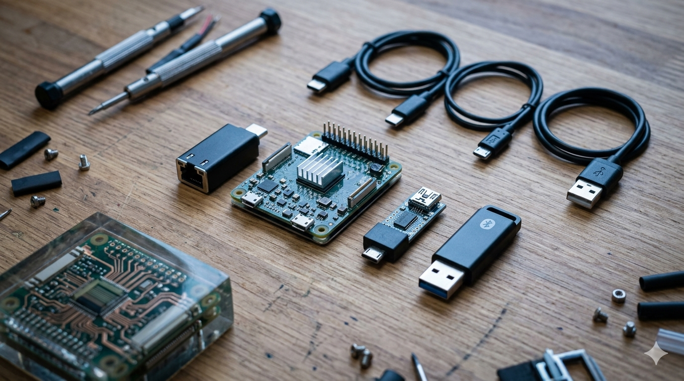 A high-resolution top-down photograph of computer hardware components on a wooden desk. The arrangement includes a micro-controller board, USB-C and USB-A cables, and precision screwdrivers, representing the technical side of software development and API hardware interfacing.