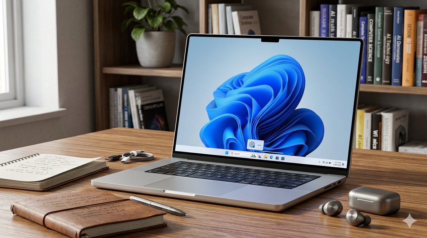 A realistic 16:9 photograph of a clean, modern home office. A silver laptop displays the Windows 11 desktop wallpaper on a wooden table, surrounded by a leather notebook, tech accessories, and a bookshelf, symbolizing a productive environment for AI-enhanced workflows.