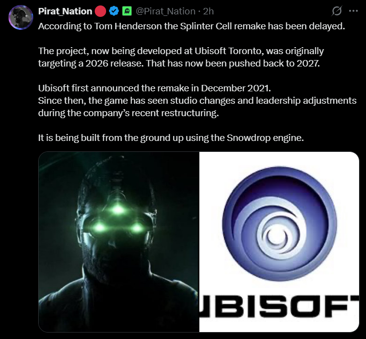 A high-fidelity image representing the Splinter Cell remake delay, featuring Fourth Echelon tactical gear and a Ubisoft security badge in a moody, professional studio setting.