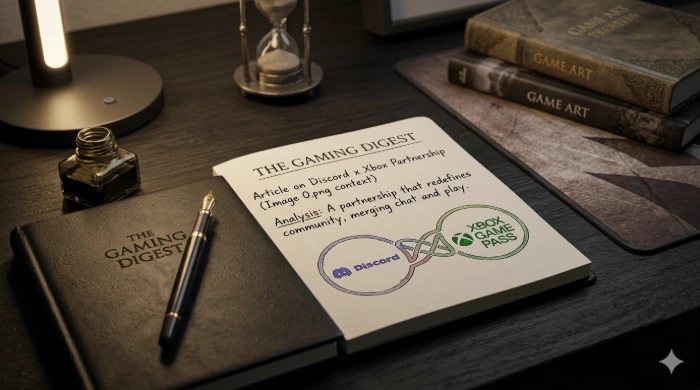 A realistic, high-angle shot of an open notebook titled "The Gaming Digest" on a dark wooden desk. The page features a hand-drawn diagram of the Discord and Xbox logos interlinked like a knot, symbolizing a "Foundational Alliance."