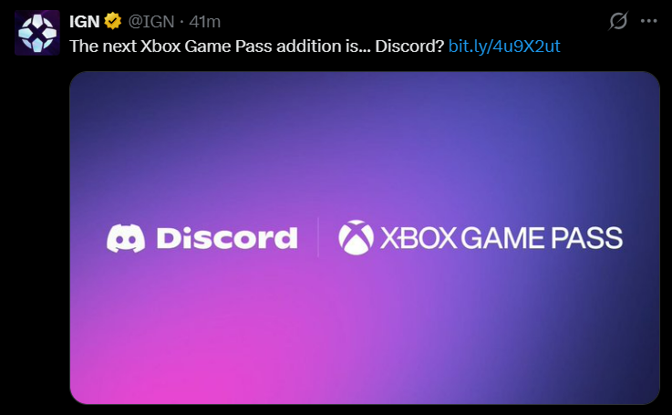 A social media post from IGN featuring the Discord and Xbox Game Pass logos side-by-side on a purple and pink gradient background. The caption reads, "The next Xbox Game Pass addition is... Discord?"