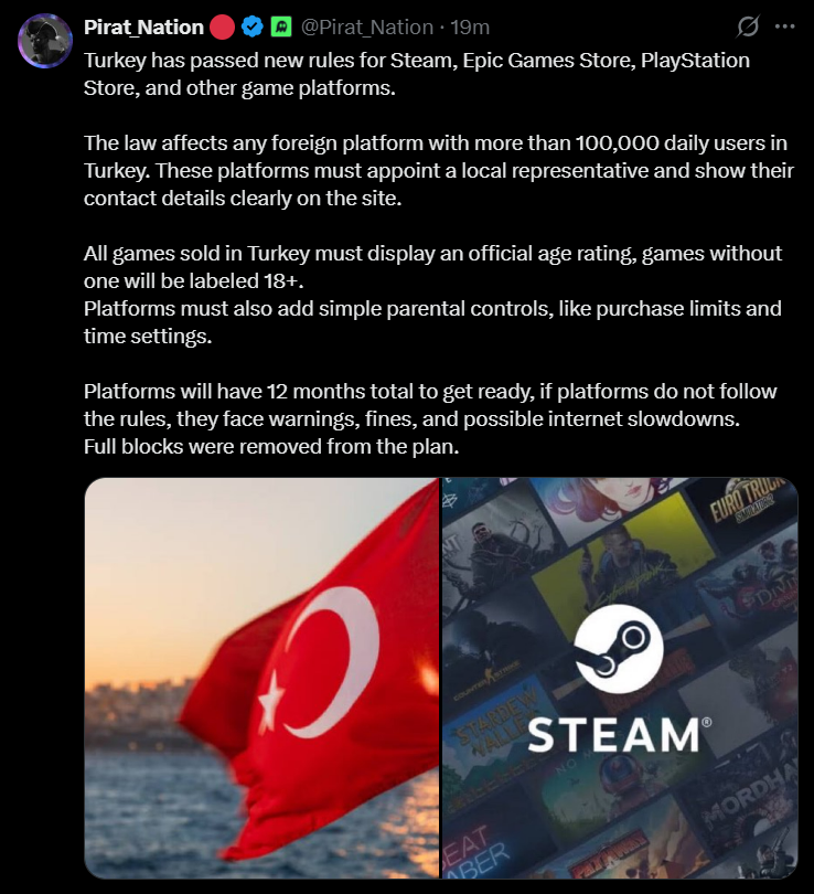 A news update announcing Turkey's new legal framework for digital storefronts like Steam, Epic Games, and PlayStation. It highlights the mandatory local representative requirement, the default 18+ age rating for unrated titles, and the removal of full platform blocks in favor of internet slowdowns.