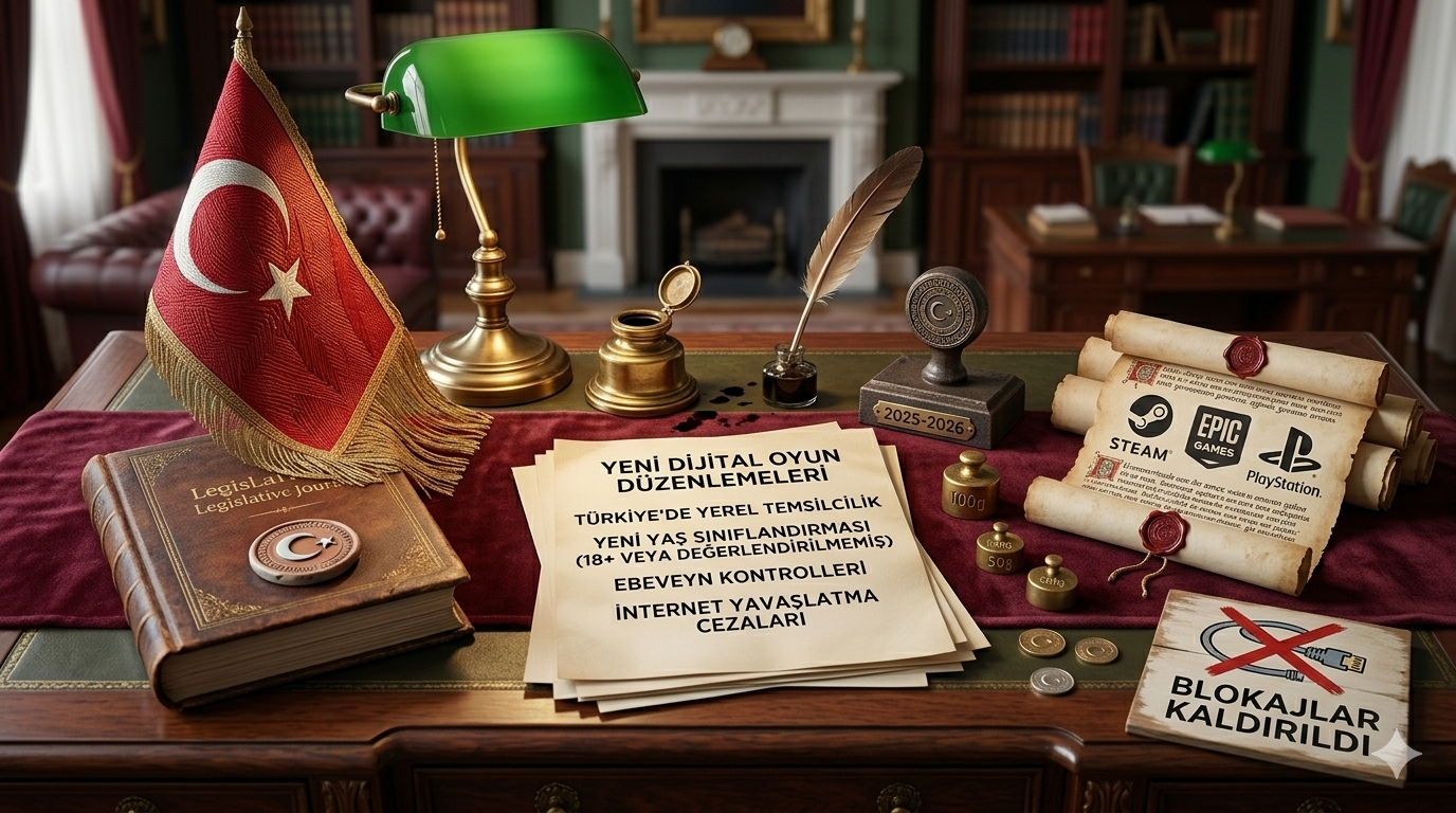 A realistic, professional workspace featuring the Turkish flag, legislative documents, and symbolic gaming platform logos. The visual summarizes the core pillars of the 2026 law: local representation, age classification, parental controls, and the shift from bans to internet throttling.