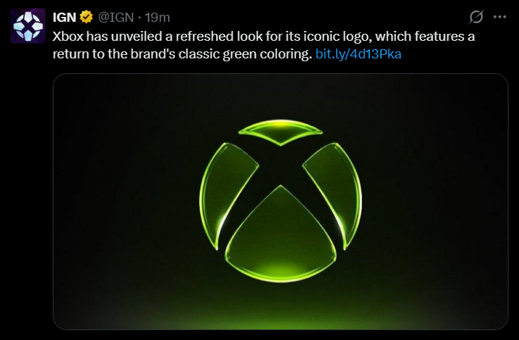 IGN Twitter post announcing the new Xbox logo refresh with classic green coloring.