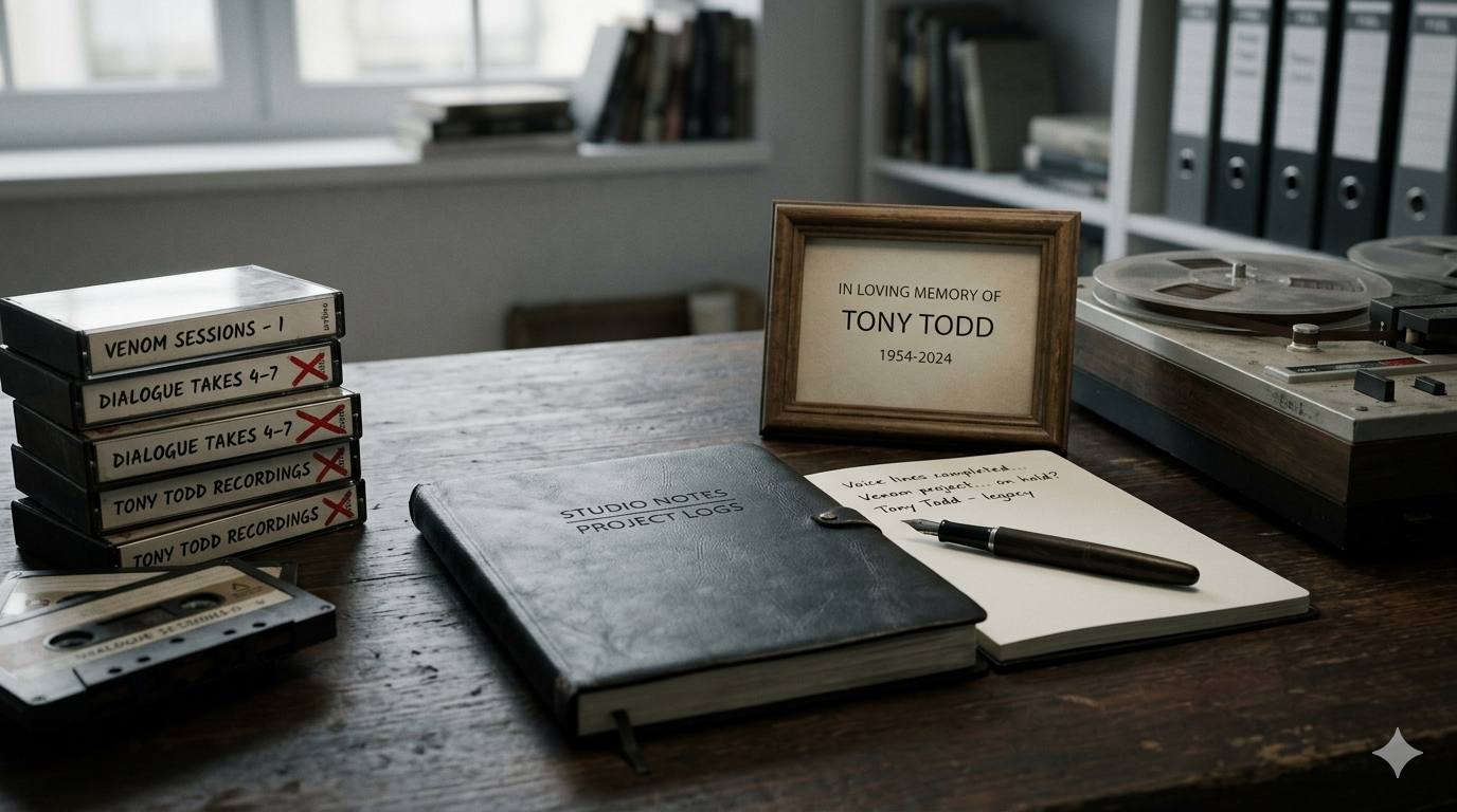 A high-resolution realistic image of a studio desk featuring a stack of "Venom Sessions" cassette tapes with red "X" marks. A memorial frame for Tony Todd sits next to a leather project log and a notebook with handwritten text about voice lines and project status.