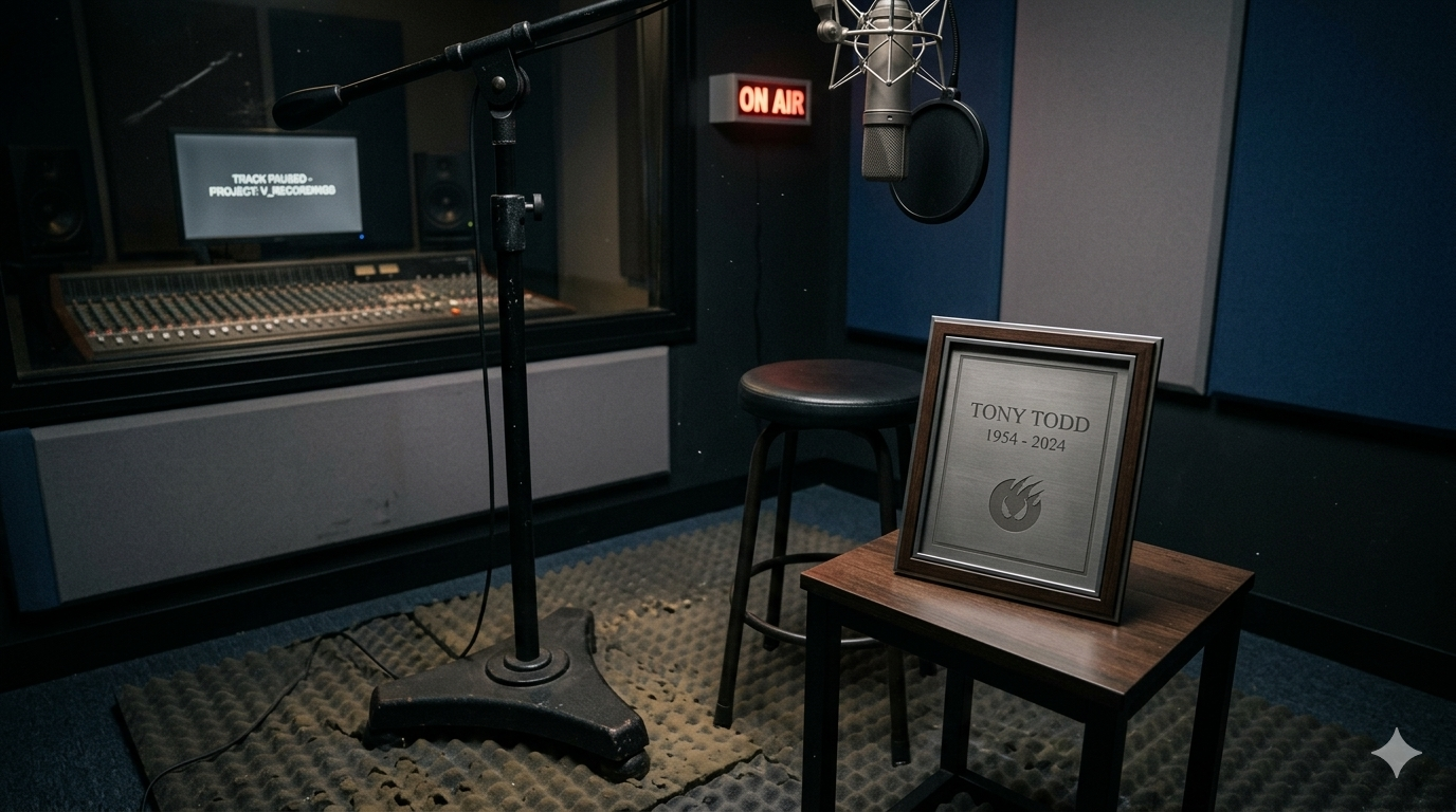 A realistic 16:9 photo of a professional voice-over recording studio with a microphone and mixing board. In the foreground, a silver memorial plaque rests on a wooden stool, honoring actor Tony Todd (1954-2024), symbolizing his legacy in the gaming industry.