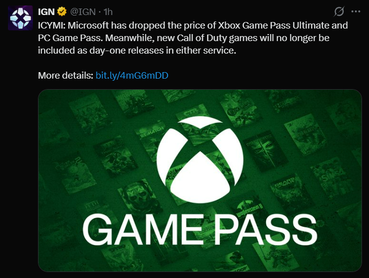 A social media announcement from IGN regarding Microsoft's decision to lower Xbox Game Pass prices while removing Call of Duty from the day-one launch lineup. The image features the official Xbox Game Pass logo over a collage of popular game titles.