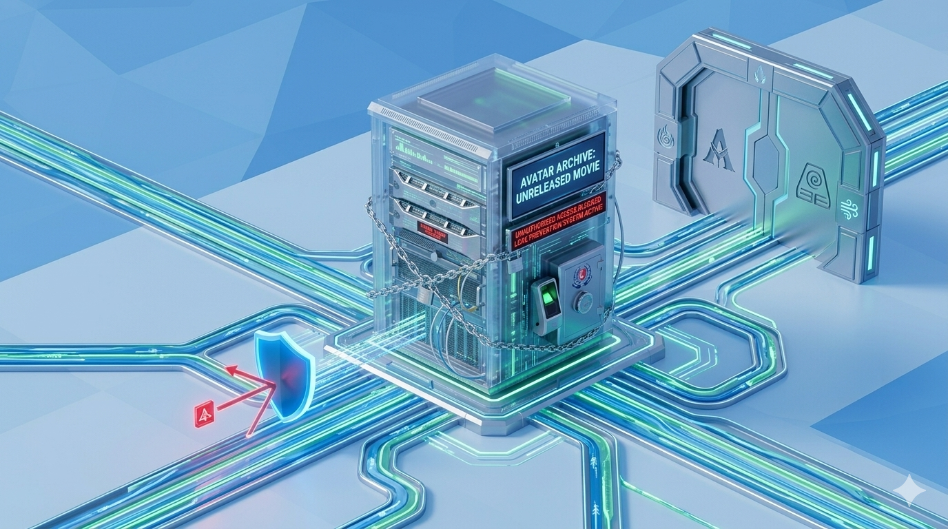 3D digital illustration of a secure "Avatar Archive" server with chains, locks, and glowing data pathways representing a cyber security breach.